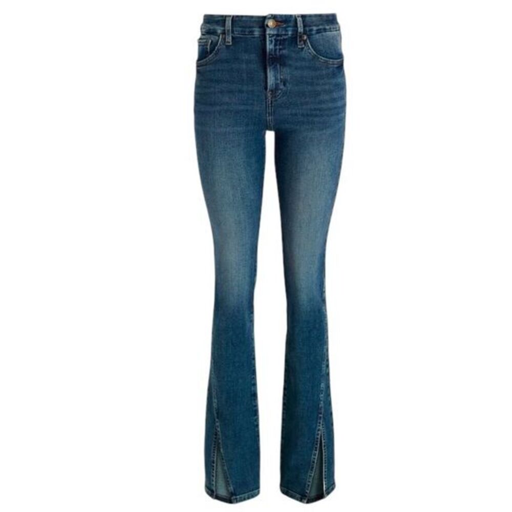 Express Women's Tall Mid Rise Blue Straight Jeans Twist Seam Slit Hem
